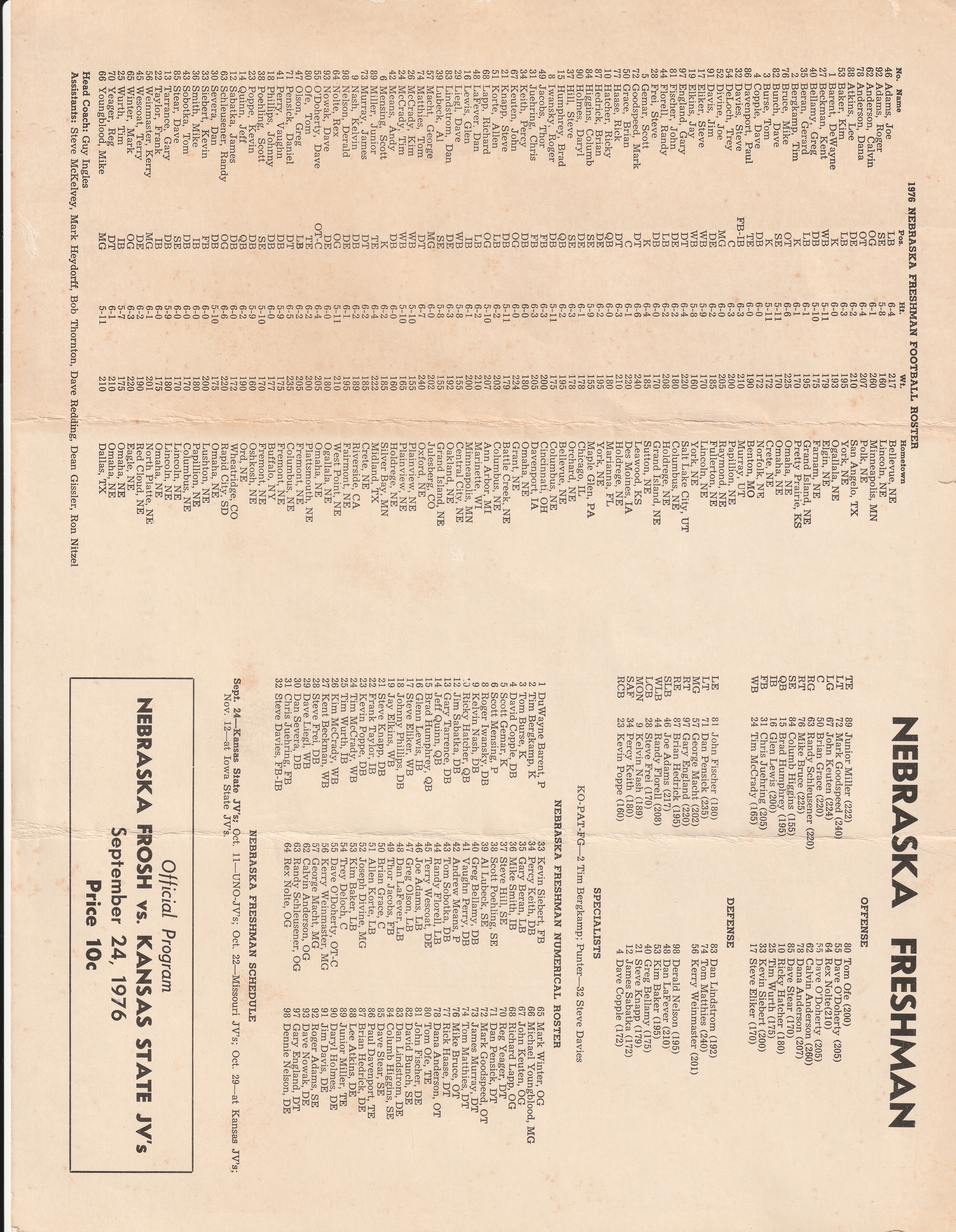Nebraska freshman football roster 1976